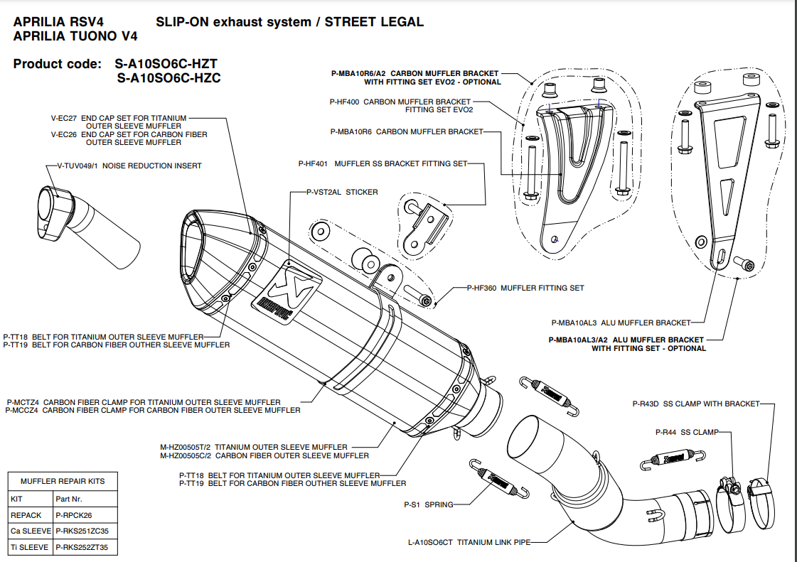 RACCORD COLLECTEUR AKRAPOVIC CATALYSÉ TITANE RSV4 2009 À 2014 TUONO 2012 À 2016 APRILIA / L-A10SO6CT
