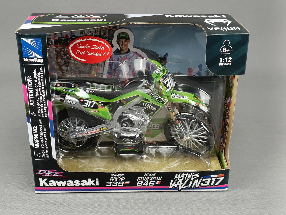 MINIATURE MOTOCROSS KAWASAKI KXF 250 BUB RACING N°317 MATHIS VALIN 1/12ÈME / RN085-58143SS