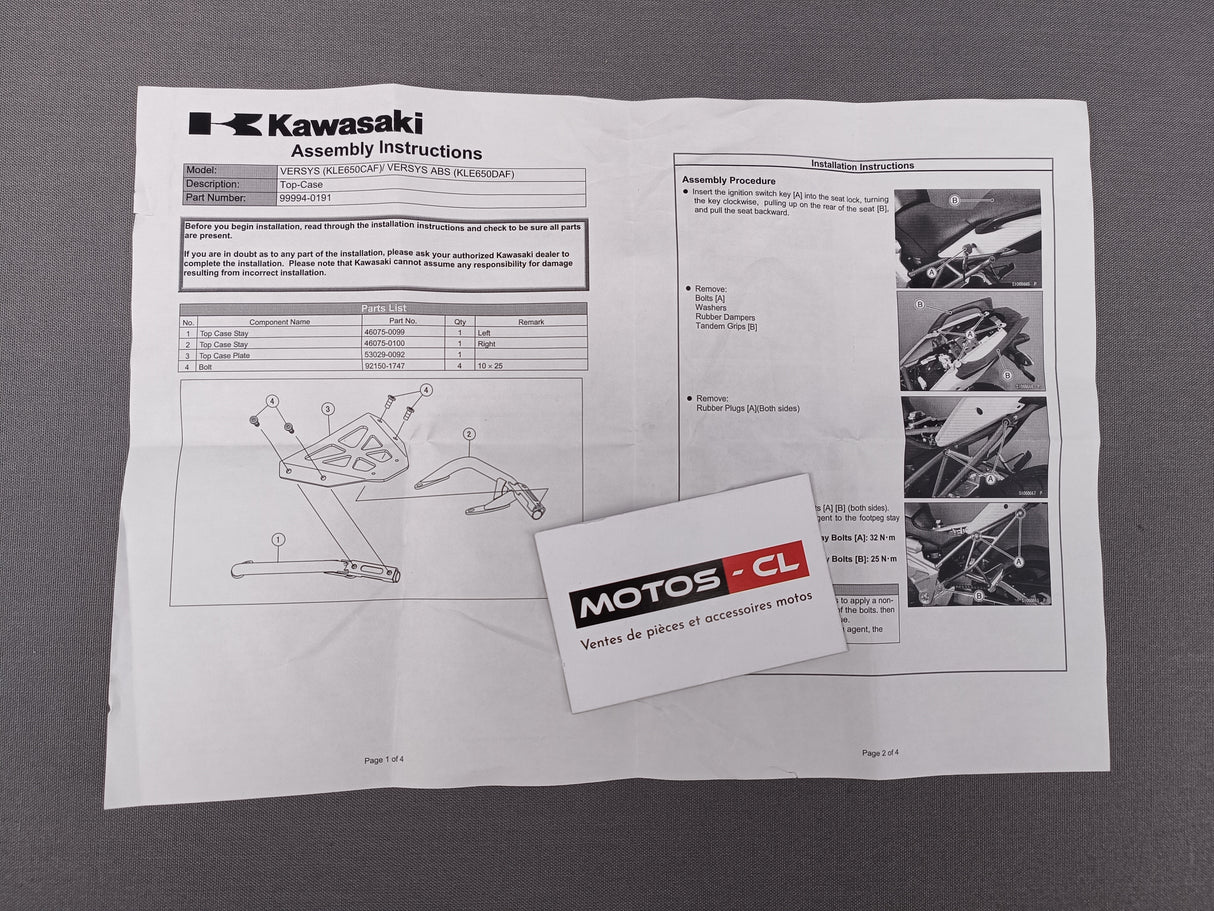 SUPPORT TOP CASE VERSYS 650 2009 A 2014 D'ORIGINE KAWASAKI / 999940191