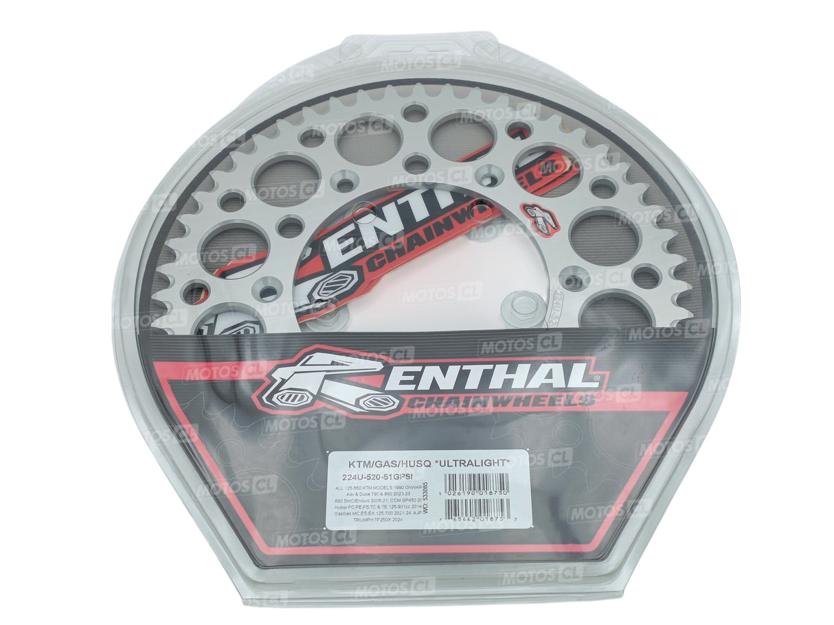 COURONNE RENTHAL ALU ULTRALIGHT ANTI-BOUE 520 51 DENTS CF MOTO-GASGAS-HUSABERG-HUSQVARNA-KTM-STAK FUTURE VARG-TRIUMPH / RR224U-520-51GPSI