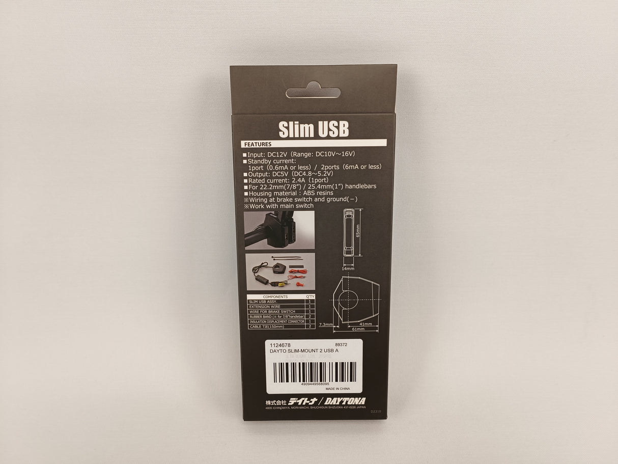 PRISE ALIMENTATION DOUBLE USB SLIM 12V FIXATION GUIDON Ø22MM À Ø25,4MM DAYTONA / RD89372