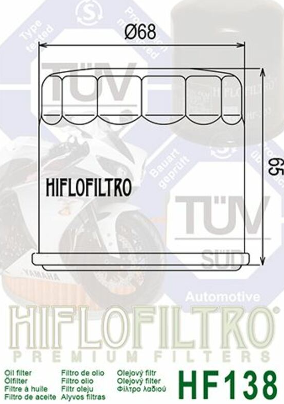 FILTRE À HUILE HIFLOFILTRO HF138 APRILIA-KAWASAKI-KYMKO-SUZUKI / RHHF138