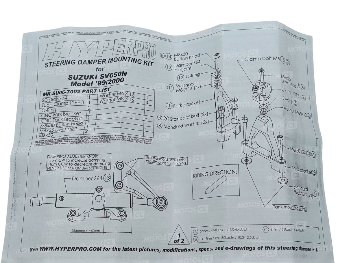 KIT FIXATION AMORTISSEUR DE DIRECTION TRANSVERSAL SUZUKI SV650N 1999 À 2002 HYPERPRO / RHHYMKSU06-T002
