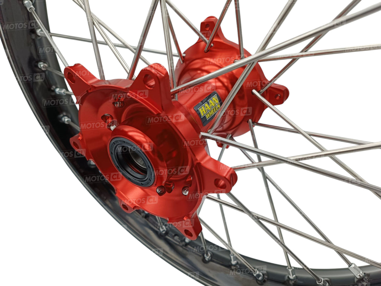 ROUE ARRIÈRE COMPLÈTE CRF250R HONDA 2024 À 2026 HANN WHEELS MOYEU ANODISÉ ROUGE ET CERCLAGE EXCEL RENFORCÉ A60 ANODISÉ NOIR 19X1.85 X36TROUS / RH1 16215/11/6/1/1
