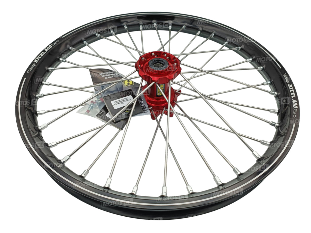 ROUE AVANT COMPLÈTE CRF250R ET CRF450R HONDA 2020 À 2026 HANN WHEELS MOYEU ANODISÉ ROUGE ET CERCLAGE EXCEL RENFORCÉ A60 ANODISÉ NOIR 21X1.60 X36TROUS / RH1 15019/11/6/1/1
