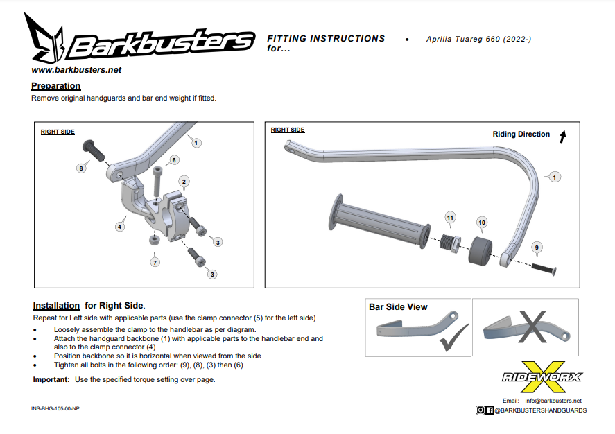 KIT DE MONTAGE PROTÈGE-MAINS BARKBUSTERS TUAREG 660 2022 À 2024 APRILIA / BHG-105-00-NP