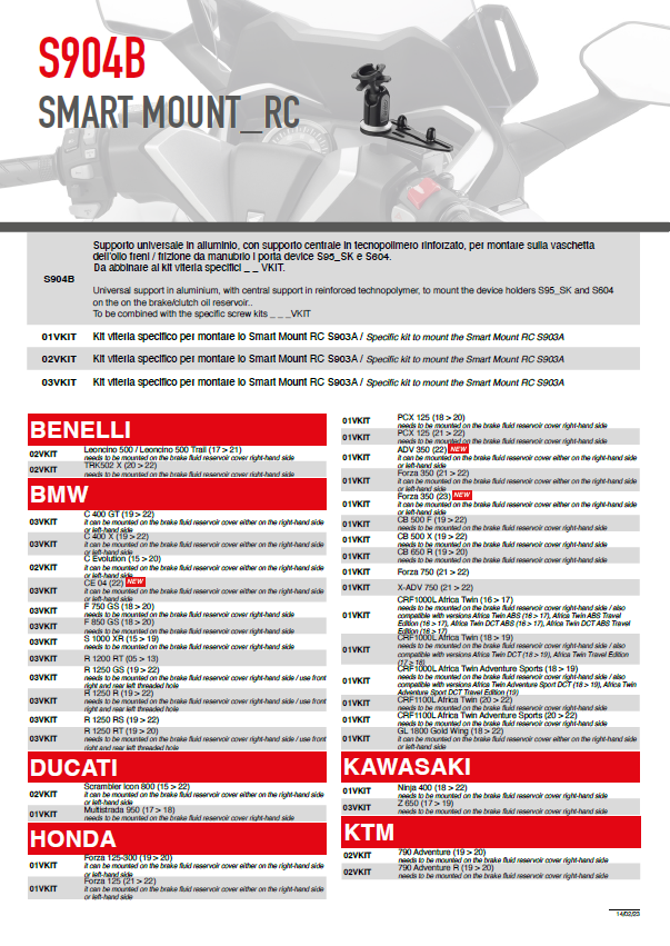 SUPPORT UNIVERSEL GIVI SMART MOUNT RC POUR SACOCHE DE TÉLÉPHONE OU PINCE UNIVERSELLE MONTAGE SUR BOCAL FREIN-EMBRAYAGE / RGS904B