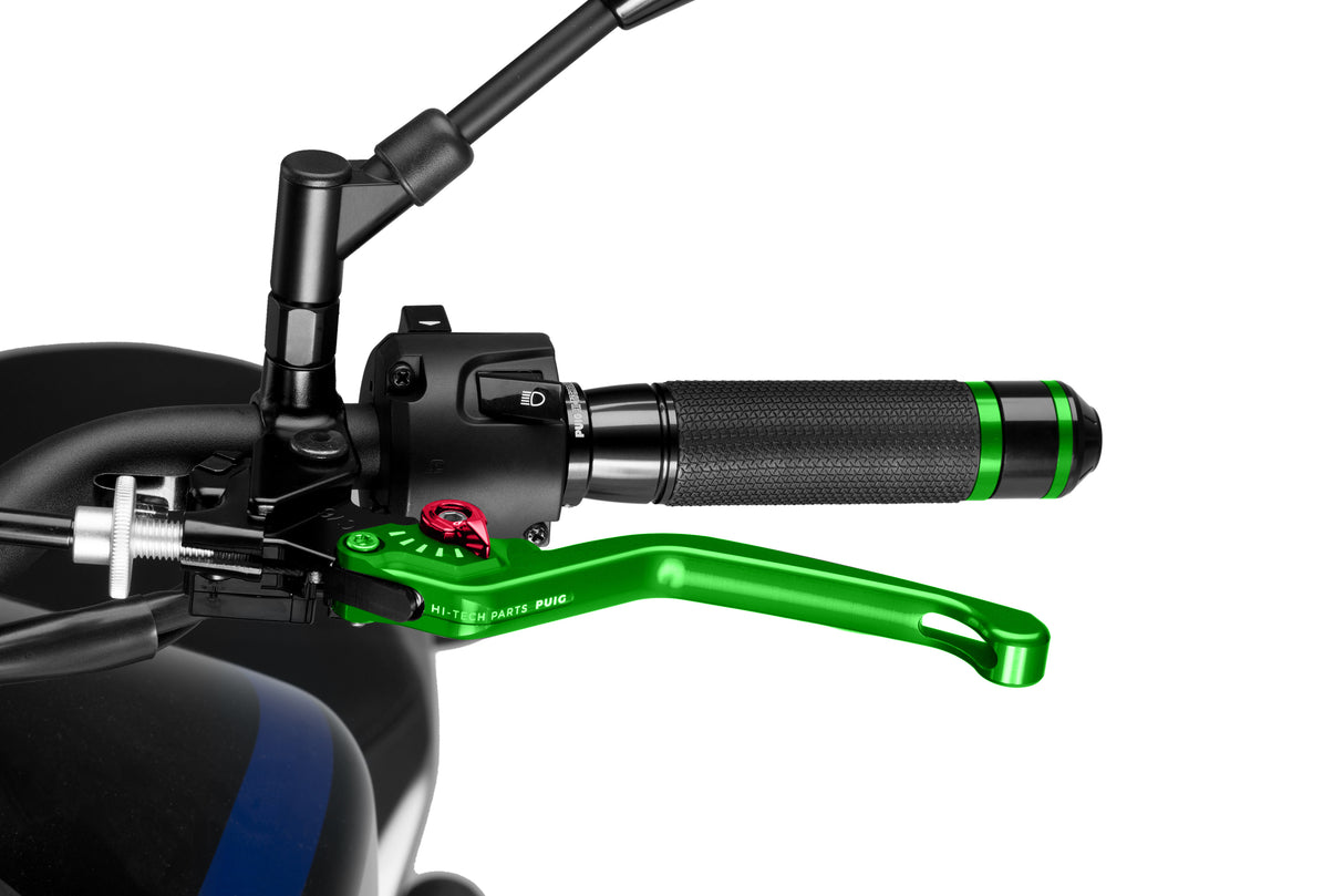 LEVIER D'EMBRAYAGE PUIG 3.0 EN ALUMINIUM TAILLÉ MASSE LONG VERT-ROUGE MONTE SUR ADAPTATEUR PUIG / RP220VR