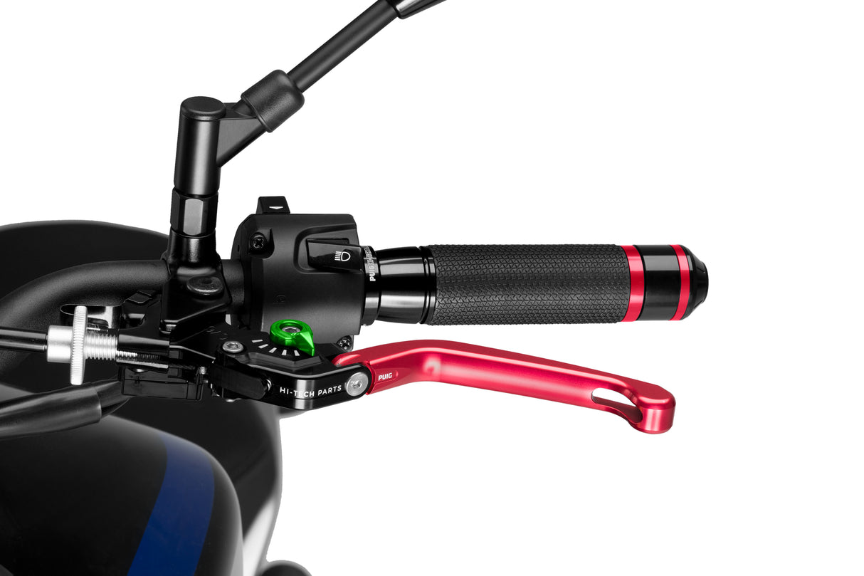 LEVIER D'EMBRAYAGE PUIG 3.0 EN ALUMINIUM TAILLÉ MASSE LONG RABATTABLE ROUGE-VERT MONTE SUR ADAPTATEUR PUIG / RP210RV