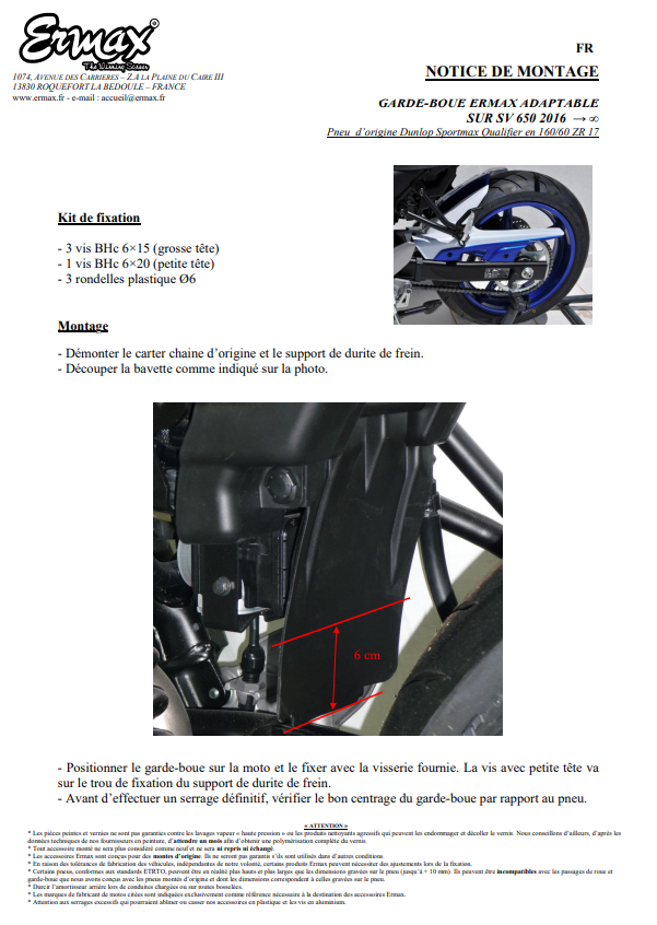 GARDE BOUE ARRIERE SUZUKI SV650N 2016 À 2019 BLEU YSF ERMAX / RE730461113