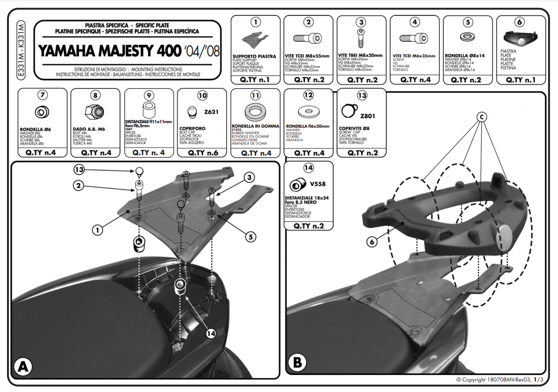 SUPPORT TOP CASE GIVI MONOLOCK MAJESTY400 2004 À 2014 YAMAHA / RGE331M