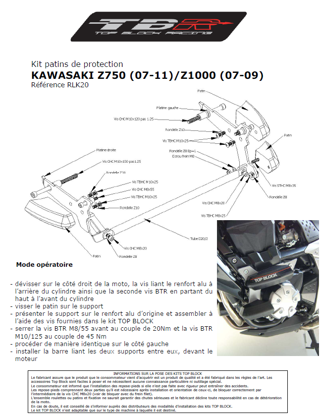 KIT PATINS TOP BLOCK Z750-Z750R-Z1000 2007 À 2012 SUPPORT GRIS KAWASAKI / RTRLK20A