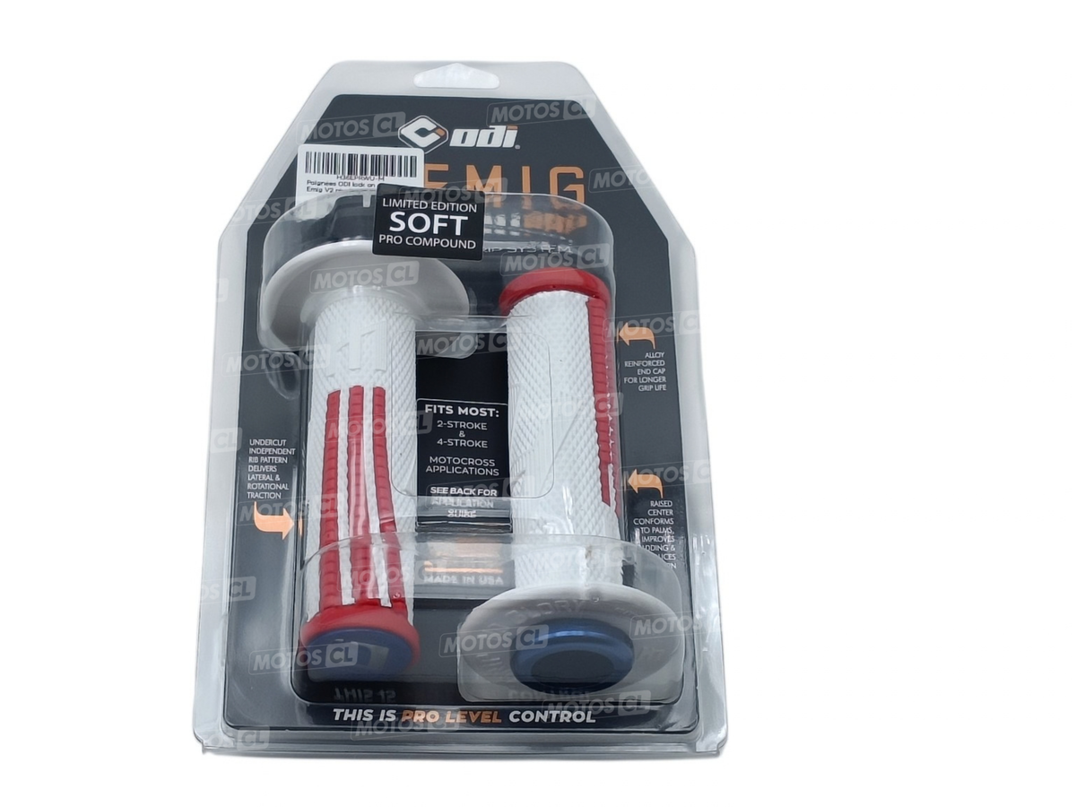 POIGNÉES ODI EMIG V2 RÉVOLUTION LOCK-ON PICOTS MX LONGUEUR 125MM BLANC-ROUGE-BLEU EXTRÉMITÉS ALUMINIUM / ROH36EPRWU