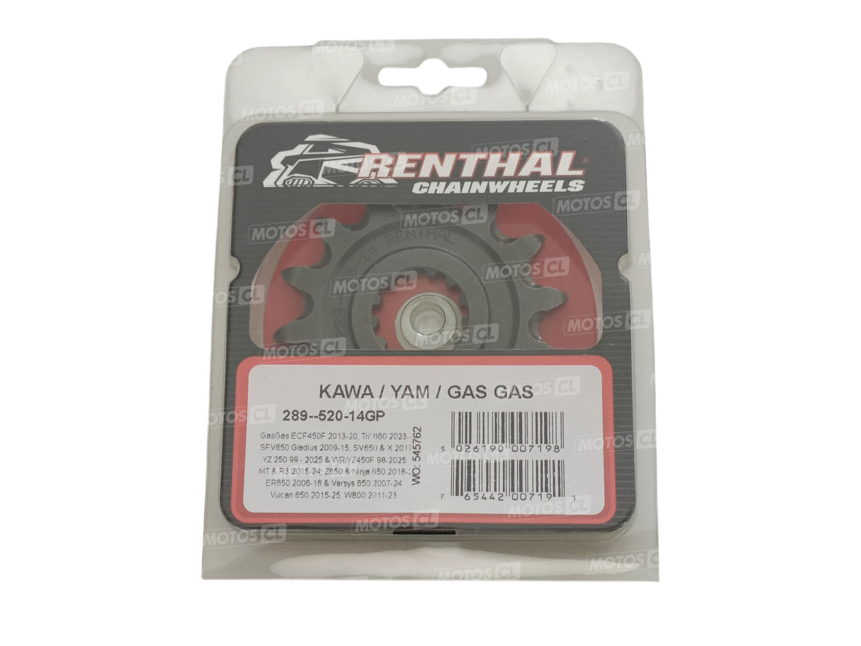 PIGNON SORTIE DE BOÎTE RENTHAL ANTI-BOUE 520 14 DENTS APRILIA-CF MOTO-GASGAS-KAWASAKI-RIEJU-SUZUKI-TRIUMPH-YAMAHA / RR289-520-14GP