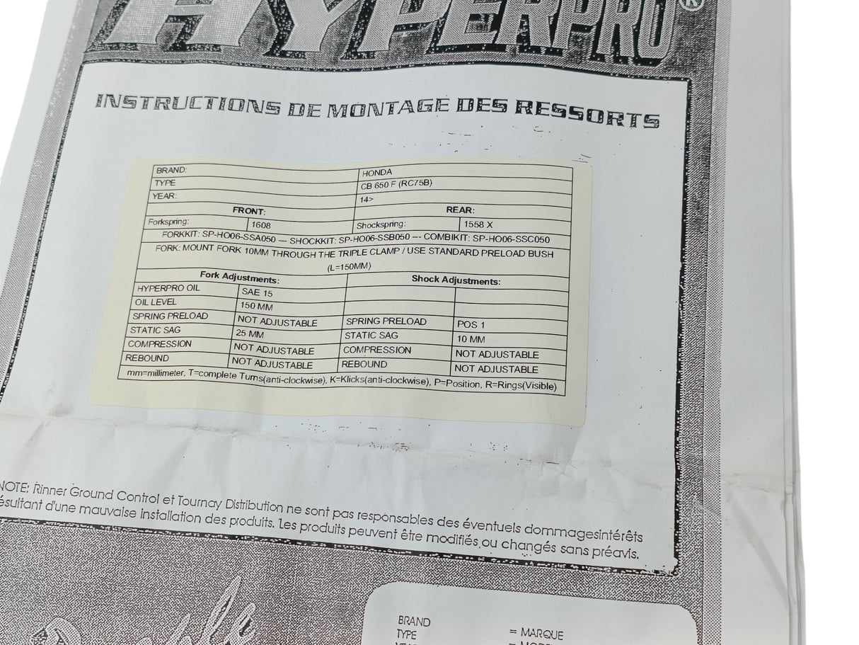 RESSORT D'AMORTISSEUR PROGRESSIF POUR HONDA CB650F 2014 À 2017 HYPERPRO / HYSPHO06SB050