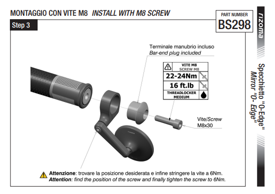 RÉTROVISEUR EMBOUT DE GUIDON EN ALU RIZOMA "O-EDGE" Ø56 ANODISÉ NOIR / RRBS298B