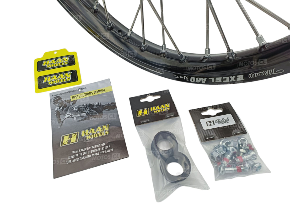 ROUE ARRIÈRE COMPLÈTE CRF250R HONDA 2024 À 2026 HANN WHEELS MOYEU ANODISÉ ROUGE ET CERCLAGE EXCEL RENFORCÉ A60 ANODISÉ NOIR 19X1.85 X36TROUS / RH1 16215/11/6/1/1