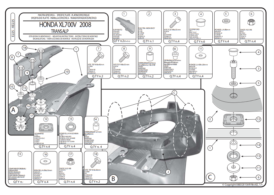 SUPPORT TOP CASE GIVI MONOKEY 700 TRANSALP 2008 À 2013 HONDA / RGE225