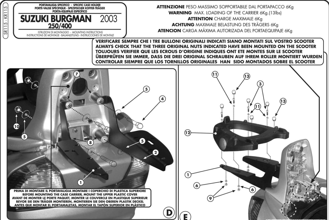 SUPPORT TOP CASE GIVI MONOKEY BURGMAN AN250-400 2003 À 2006 SUZUKI / RGSR115
