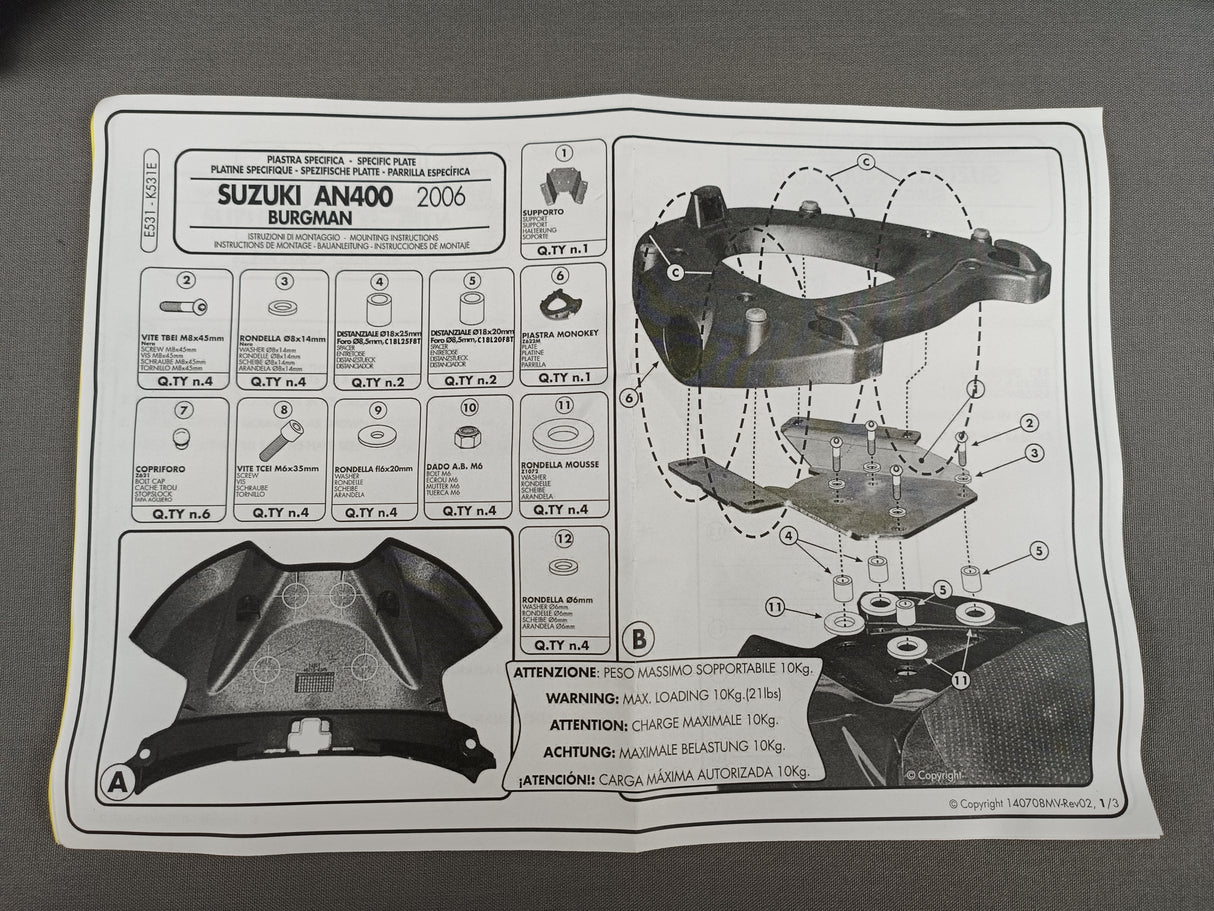 SUPPORT TOP CASE GIVI MONOKEY BURGMAN400 2006 À 2016 SUZUKI / RGE531
