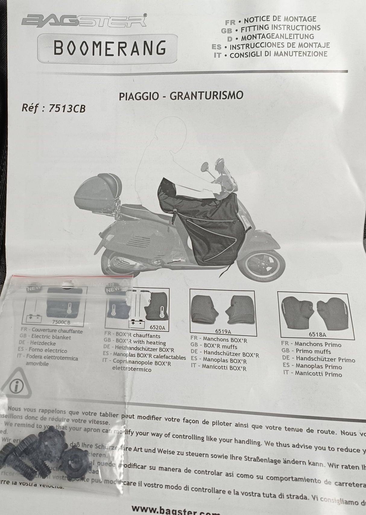 TABLIER BAGSTER VESPA GTS GRANTURISMO BOOMRANG / 7513CB