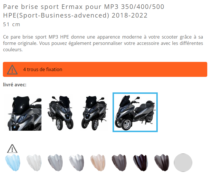 BULLE SPORT NOIR CLAIR MP3 350-400-500HPE SPORT BUSINESS ADVENCED 2018 À 2022 PIAGGIO HAUTEUR 510MM ERMAX / RE0353015-03