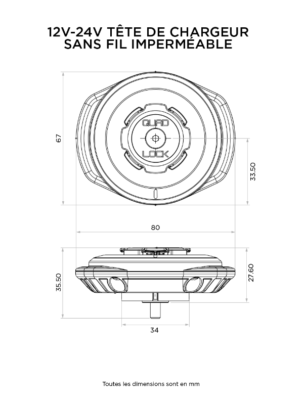 CHARGEUR DE TÉLÉPHONE INDUCTION MOTO ÉTANCHE QUAD LOCK® V2 12V-24V À BRANCHER ALIMENTATION + - / QLH-HW-WCH-2