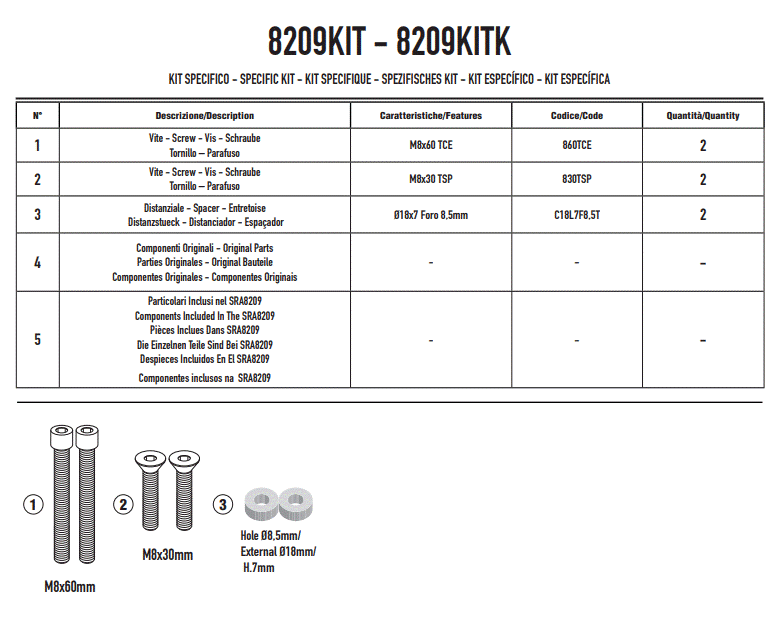 KIT SPÉCIFIQUE DE MONTAGE GIVI V85TT 2024 MOTO GUZZI / RG8209KIT