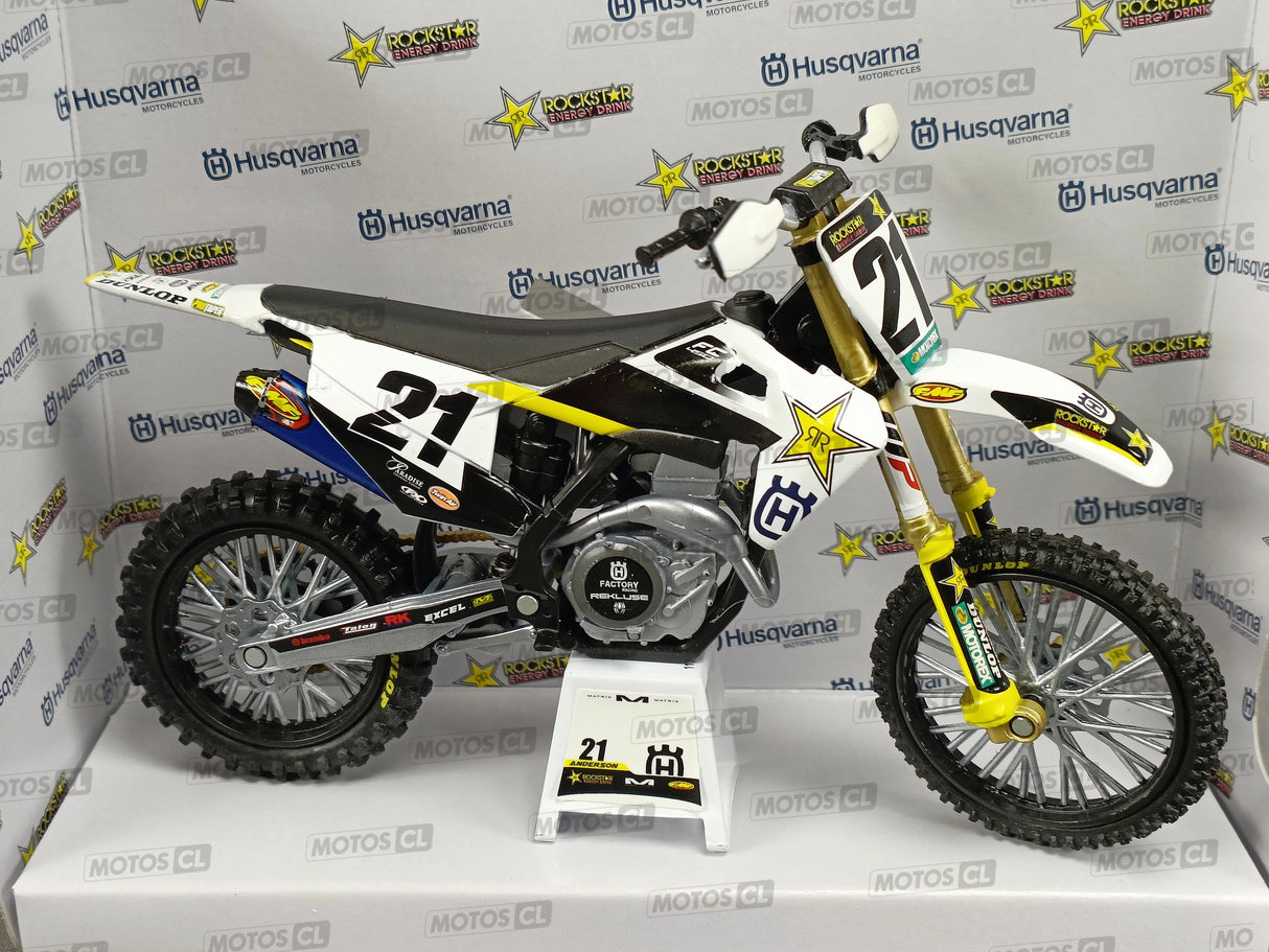 MINIATURE MOTOCROSS HUSQVARNA FC450 ROCKSTAR N°21 JASON ANDERSON 1/12ÈME / RN085-58233