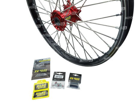 ROUE AVANT COMPLÈTE CRF250R ET CRF450R HONDA 2020 À 2026 HANN WHEELS MOYEU ANODISÉ ROUGE ET CERCLAGE EXCEL RENFORCÉ A60 ANODISÉ NOIR 21X1.60 X36TROUS / RH1 15019/11/6/1/1