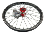 ROUE AVANT COMPLÈTE CRF250R ET CRF450R HONDA 2020 À 2026 HANN WHEELS MOYEU ANODISÉ ROUGE ET CERCLAGE EXCEL RENFORCÉ A60 ANODISÉ NOIR 21X1.60 X36TROUS / RH1 15019/11/6/1/1