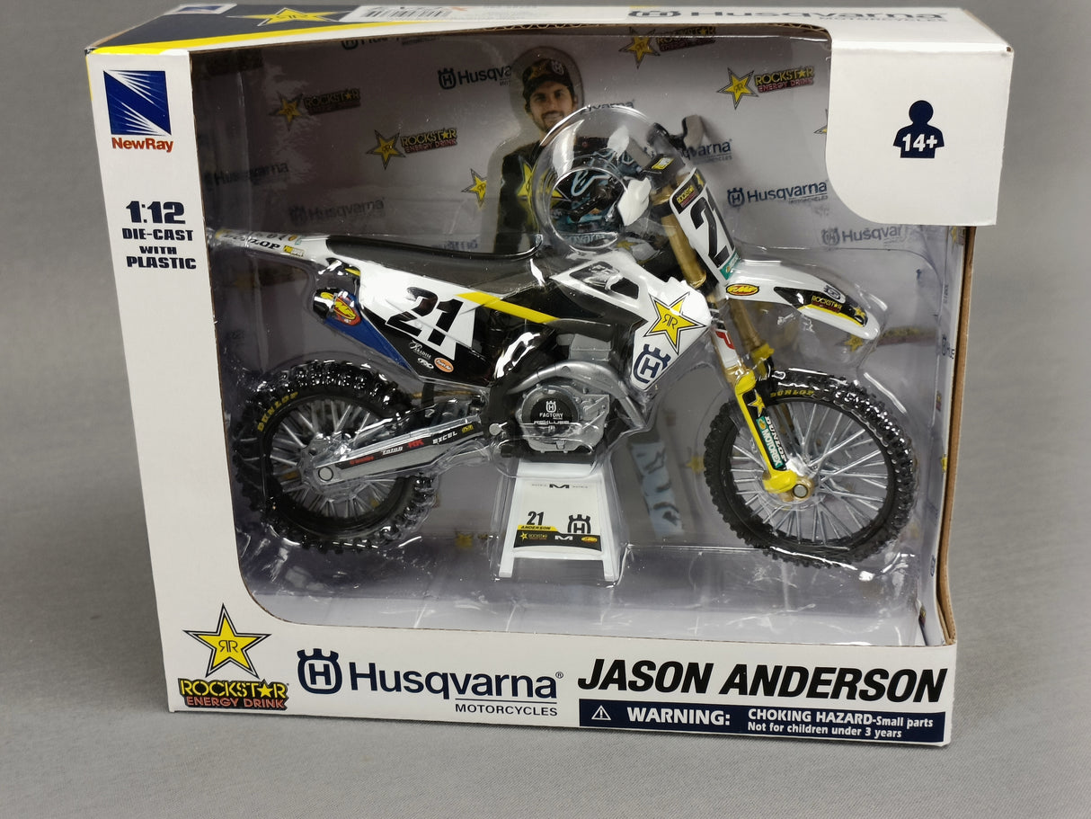 MINIATURE MOTOCROSS HUSQVARNA FC450 ROCKSTAR N°21 JASON ANDERSON 1/12ÈME / RN085-58233