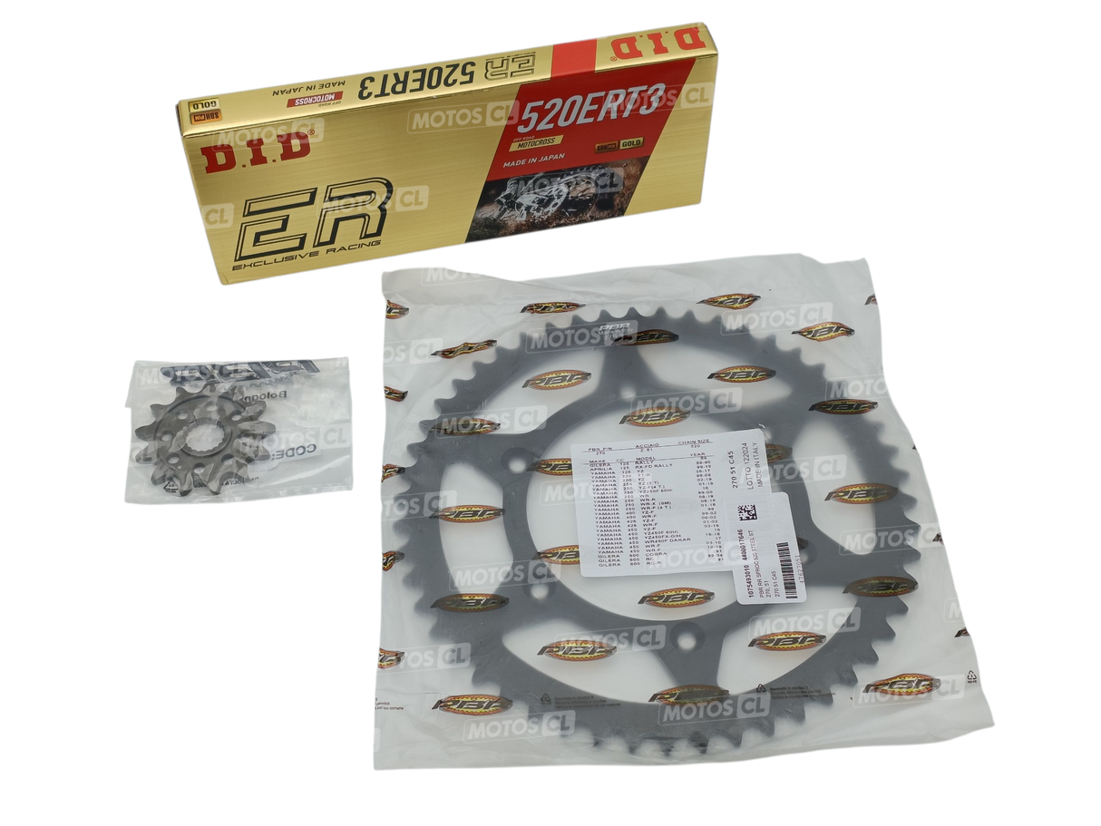 KIT CHAÎNE YAMAHA 250YZF 2009 À 2013 13X51 QUALITÉ ORIGINE AVEC CHAÎNE D.I.D OR-OR 520ERT3 PIGNON-COURONNE PBR ACIER / RD484405