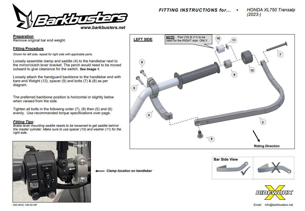 KIT DE MONTAGE PROTÈGE-MAINS BARKBUSTERS 750 TRANSALP 2023 À 2024 HONDA / BHG-100-00-NP
