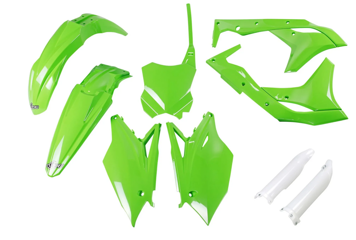 KIT PLASTIQUE UFO POUR KAWASAKI KXF250 ET KXF450 2018 À 2020 COULEUR VERT-BLANC / RUKAKIT225F-026