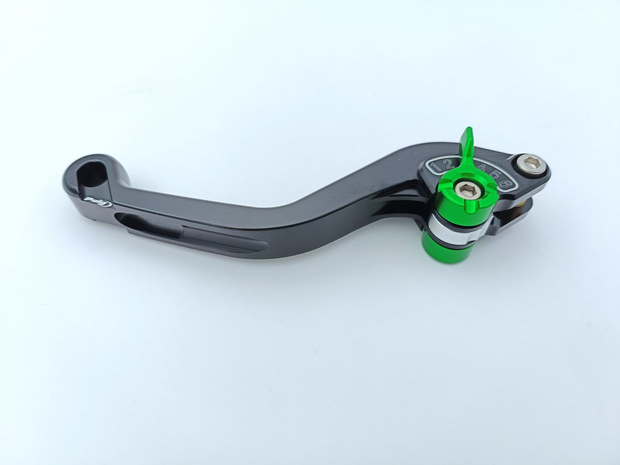 LEVIER D'EMBRAYAGE PUIG 2.0 EN ALUMINIUM TAILLÉ MASSE COURT NOIR-VERT MONTE SUR ADAPTATEUR PUIG / RP280NV