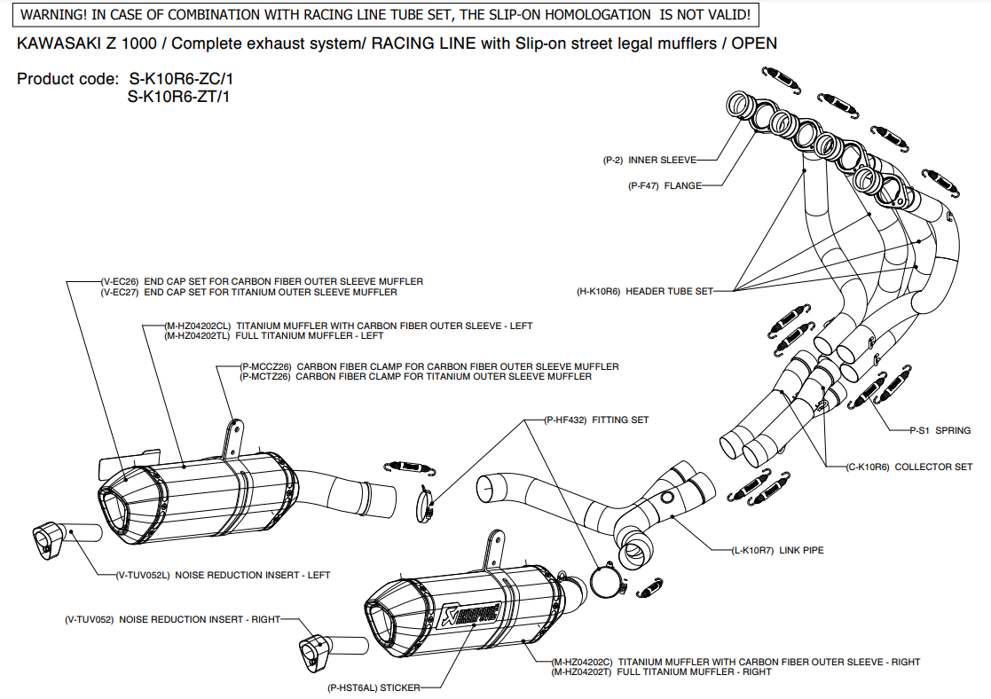 RÉDUCTEUR DE BRUIT AKRAPOVIC POUR SILENCIEUX DROIT Z1000 ET Z1000SX 2010 À 2013 + LIGNE 4/1 2010 À 2020 + 4/2 2010 À 2013 KAWASAKI / RAV-TUV002