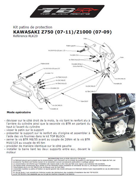 KIT PATINS TOP BLOCK Z750-Z750R-Z1000 2007 À 2012 SUPPORT GRIS KAWASAKI / RLK20A