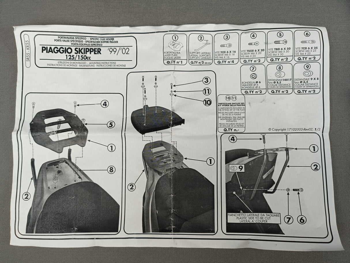 SUPPORT TOP CASE GIVI SKIPPER 125-150 1999 À 2002 / SR55