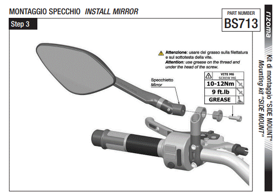 KIT DE MONTAGE RIZOMA HAUTEUR 42,5MM POUR RÉTROVISEUR SUR GUIDON / RRBS713B