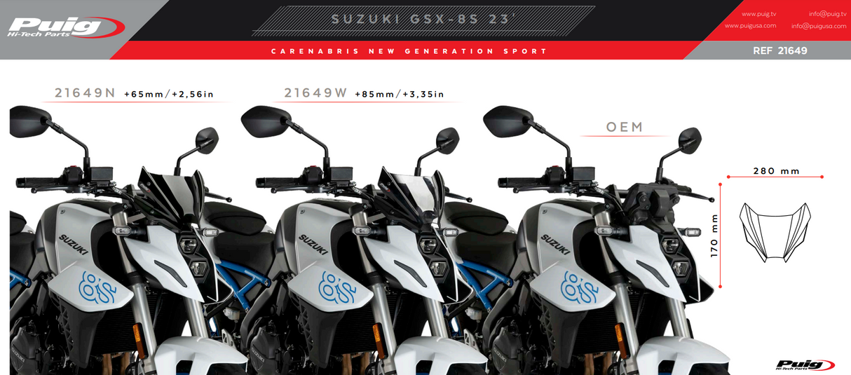 SAUTE VENT NEW GÉNÉRATION SPORT GSX-8S SUZUKI 2023-2024 +6,5CM HOMOLOGUÉ FUMÉ NOIR OPAQUE PUIG / RP21649N