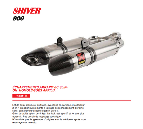 SILENCIEUX AKRAPOVIC TITANE HOMOLOGUÉ 900 SHIVER 2017 À 2020 APRILIA / 2S001108