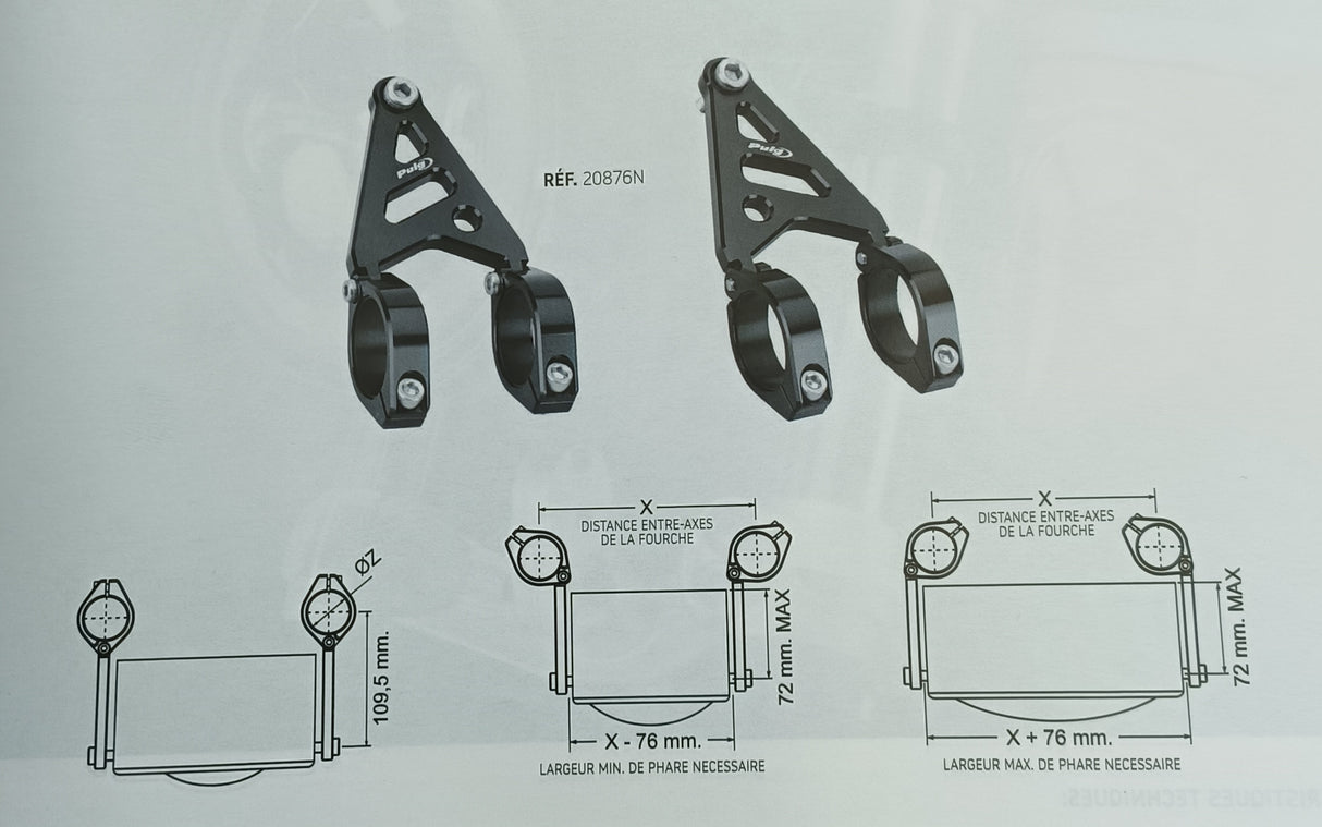 SUPPORTS OPTIQUE DE PHARE UNIVERSELS RÉGLABLES PUIG EN ALU ANODISÉS NOIR AVEC COLLIERS Ø 35-37MM / RP20876N